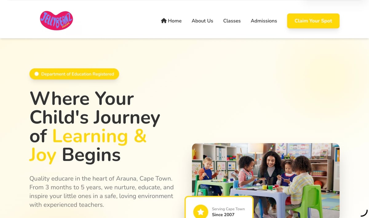 Childcare center website header showing teacher with young children in classroom, tagline Where Your Childs Journey of Learning and Joy Begins