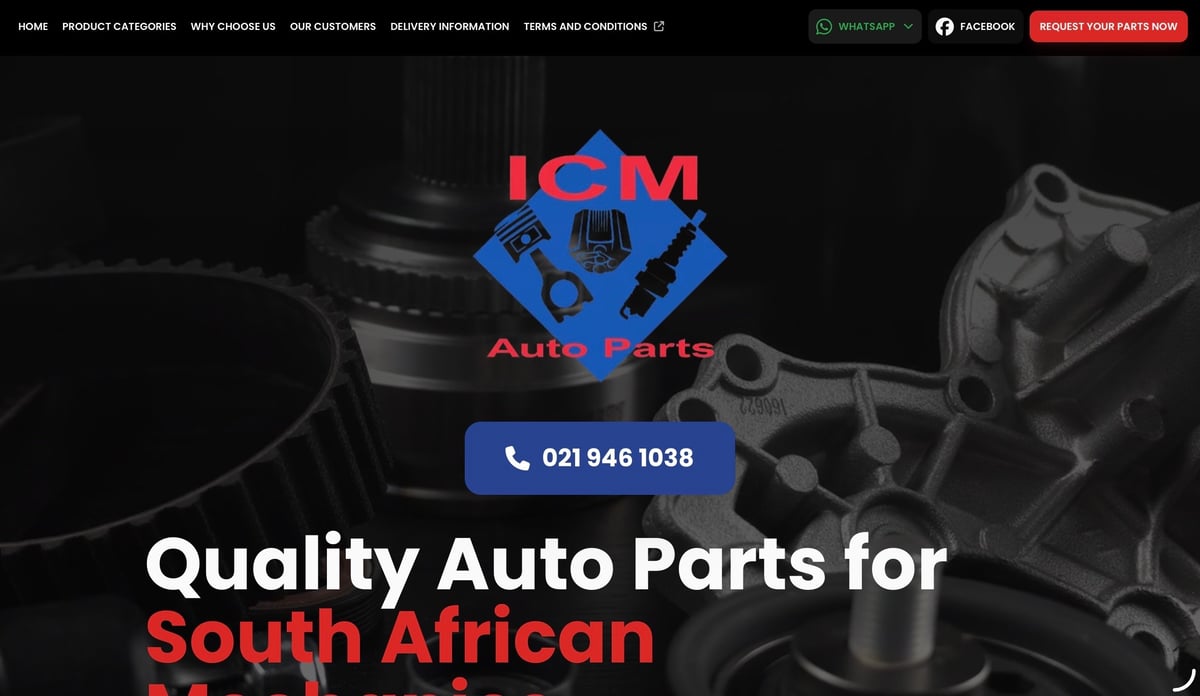 IGM Auto Parts website header showing logo, phone number 021 946 1038, and text Quality Auto Parts for South African with automotive components