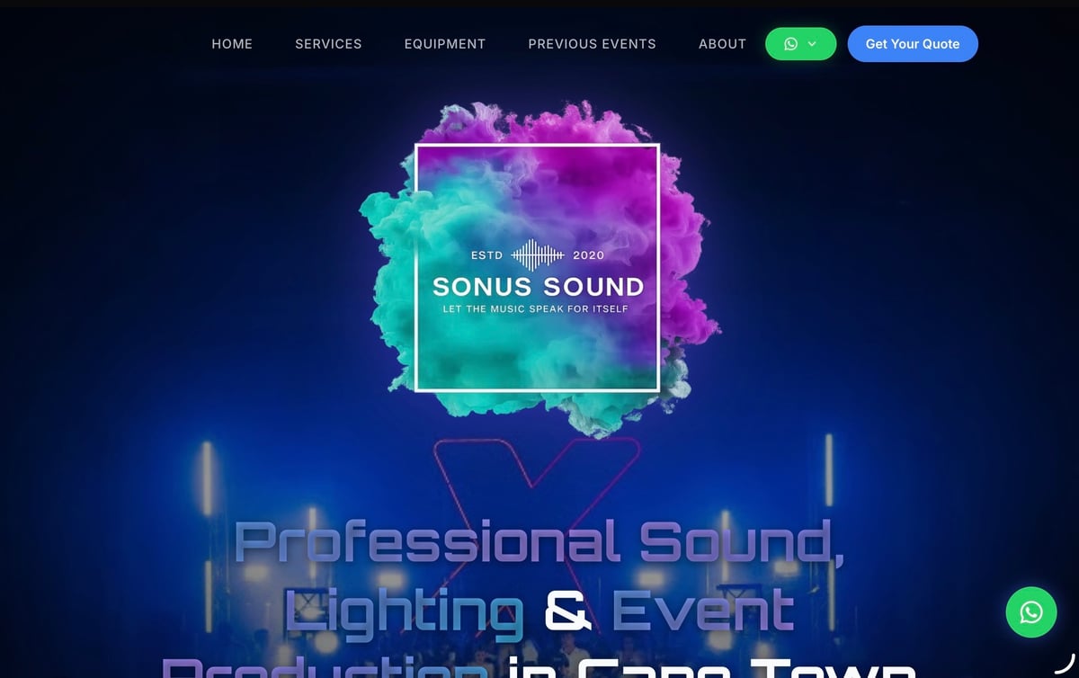 Sonus Sound neon logo with vibrant cyan and purple gradient cloud effect and text about professional sound, lighting and events
